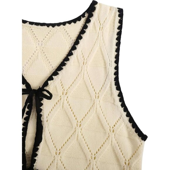 Women's Knit Sweater Vest Acrylic Small V Neck Contrast Binding Tie Front - Picture 5 of 7